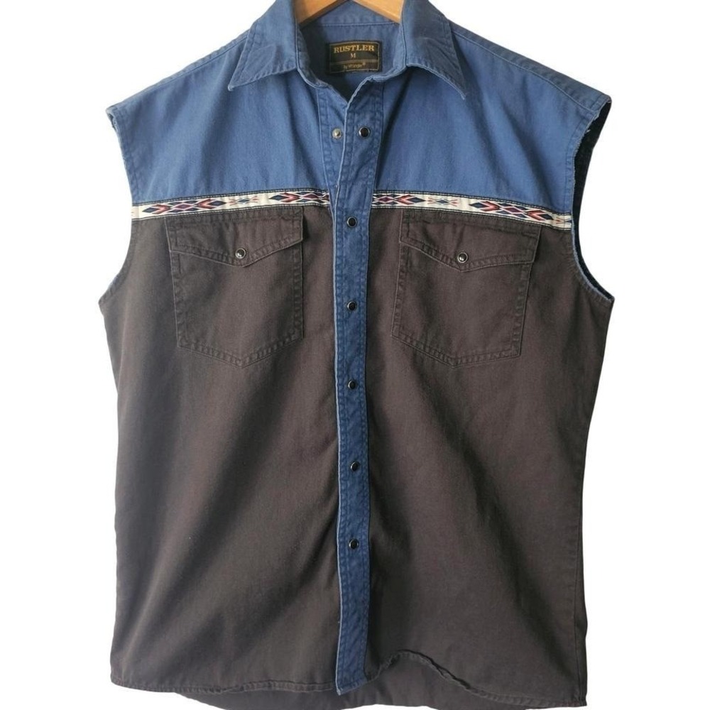 Rustler Wrangler Western Snap Sleeveless Shirt Sz M Southwestern Trim